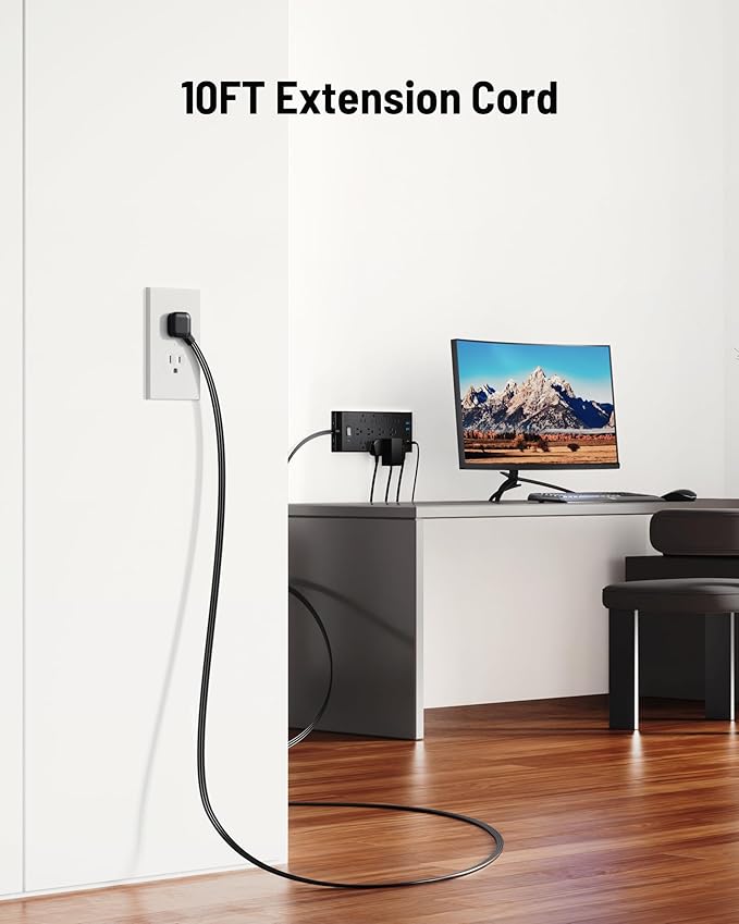 Surge Protector Power Strip 4800J, LeZone 10Ft Long Extension Cord Flat Plug, 12 Outlets 2 USB C 2 USB Ports, Wall Mountable, 20W Desk Charging Station, Black
