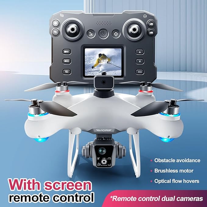 KY102 Drone with Screen Controller with SD card, Brushless Motor, Optical Flow Localization, Active Obstacle Avoidance, 2 batteries, One Key Take Off/Landing. (2 batteries - White)