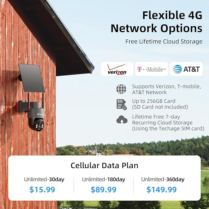 Techage 4G LTE Cellular Solar Security Camera Wireless Outdoor, 2.5K NO WiFi Security Camera with Color Night Vision, 360° PTZ Live View, PIR Motion Detection, Built-in SIM Card, 2 Way Talk