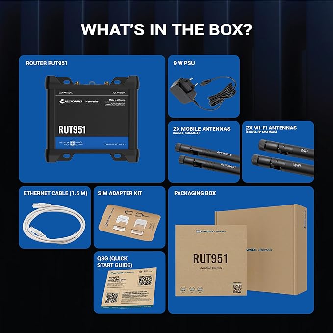 Teltonika RUT951 Industrial WiFi Cellular Router - 4G LTE (CAT 4), 3G - Wireless Access Point with Hotspot Functionality - Automatic WAN Failover, Dual SIM Internet Router (TELRUT951A00800)