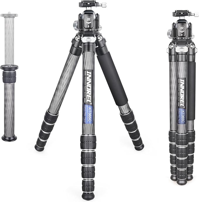 INNOREL Carbon Fiber Compact Tripod KT365C Professional 36mm Tube 5 Sections Heavy Duty Camera Stand for Digital DSLR Video Camcorder with 52mm Low Profile Panoramic Ballhead Center Column Load 30kg