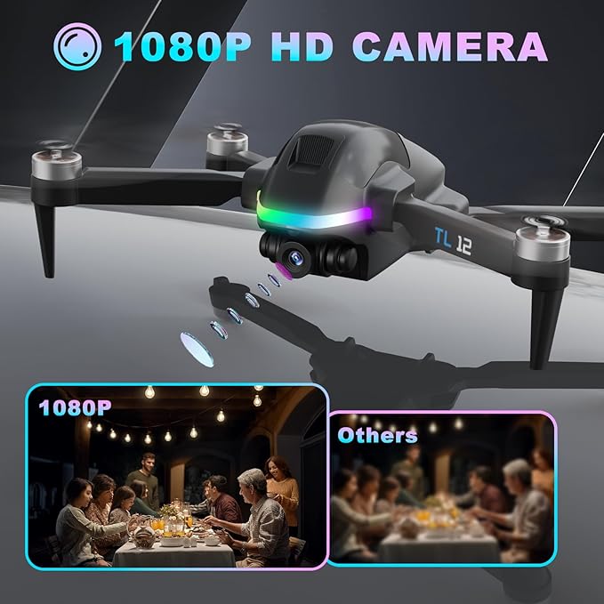 TL12 RGB Lighting Drone Brushless Motors Drones with Camera 1080P HD 3D Flips FPV Transmission Optical Flow Altitude Hold Headless Mode One Key Start RC Quadcopters for Beginners Multiple Lights