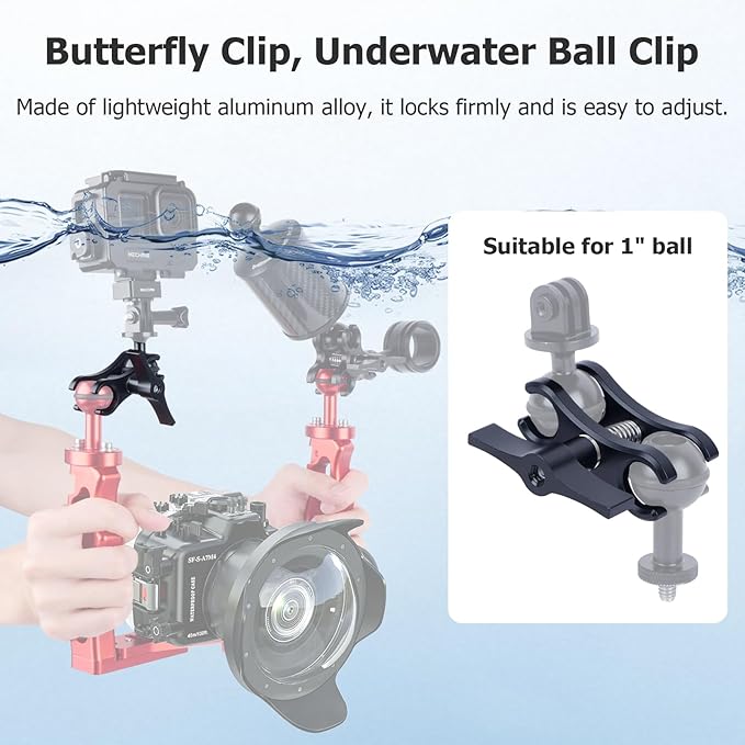 Butterfly Clip Mount with Dual Ball Heads - CNC Aluminum Alloy Spring-Loaded Open Clamp for Insta360/Gopr0 Cameras, LED Lights, Microphones (Ball Joint Compatibility, Underwater Photography) 63151A