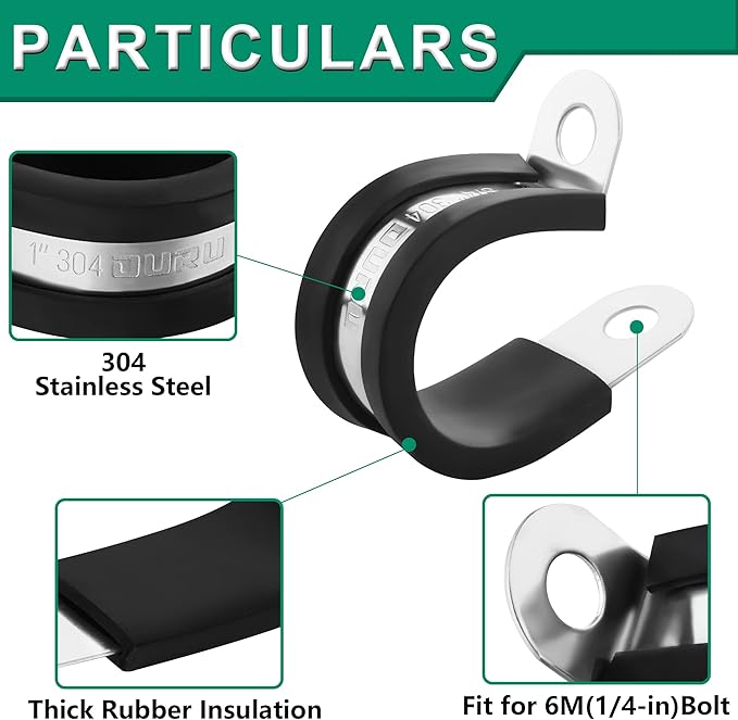 50PCS Cable Clamps 1 Inch 304 Stainless Steel Cable Clamps Rubber Coated Cushioned Insulated Cable Clamp,Automotive Wire Clamps,Pipe Clamps,Metal Clamp for Tube,Wire Cord Installation(25mm)