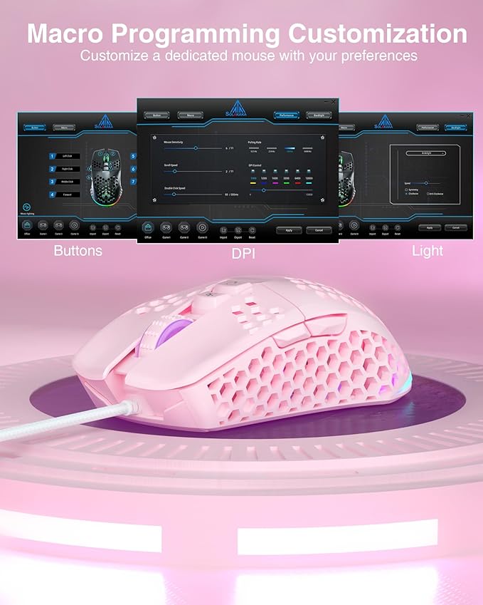 SM900 Pink Wired Gaming Mouse with Honeycomb Shell,12800 DPI,7 Programmable Buttons,Lightweight Gaming Mice Ergonomic Computer Mouse Gaming for Windows/PC/Mac/Laptop Gamer
