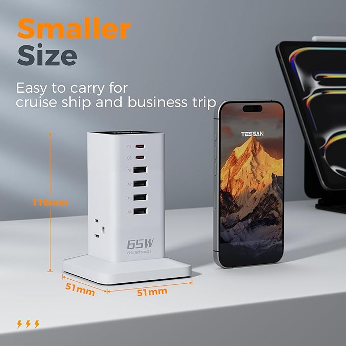 USB Charging Station for Multiple Devices PD 65W, TESSAN 9-in-1 USB C Charger Block for iPhone 16/15, MacBook, Tablet, Type C Desktop Charger with 3 AC, Home Travel Office Accessories, White