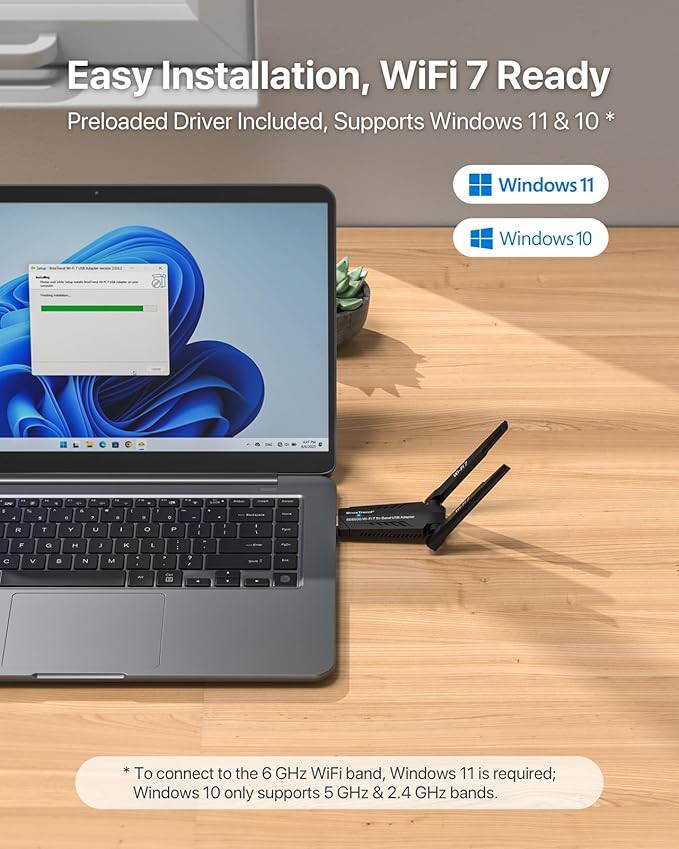 BrosTrend BE6500 USB WiFi 7 Adapter, Tri-Band Long Range USB WiFi Adapter for Desktop PC Laptop, Wireless Dongle 6GHz + 5GHz + 2.4G, Ultra-Low Latency Wi-Fi Antenna PC Gaming for Windows 11/10, 4K-QAM