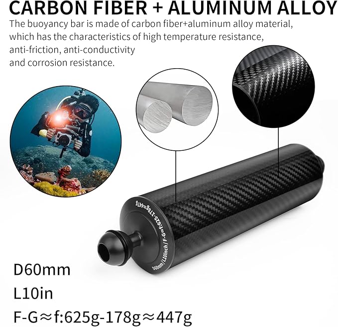 Black 10" Carbon Fiber Underwater Float Arm (2-Pack) - Ultralight Dual 1" Ball Buoyancy System for Diving Tray Video Lights & Strobes