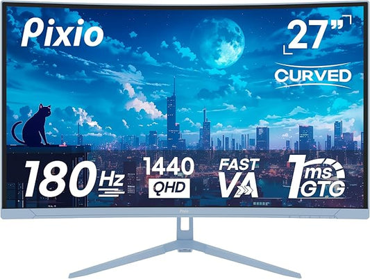 Pixio PXC278 Wave Blue 27 inch 180Hz Refresh Rate QHD 1440p Resolution 1650R Curved Fast VA Panel 1ms GTG Response Time Adaptive Sync HDR Curved Gaming Monitor