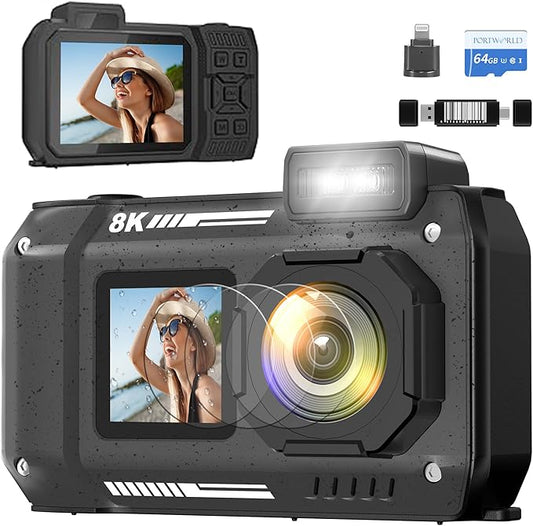 8K Waterproof Digital Camera Snorkeling: 70MP 33FT Compact Rugged Underwater Camera HD Dual-Screen with 18X Zoom Selfie 64GB Card & 2500 mAh Battery for Outdoor Scuba Diving Fishing Swimming Black