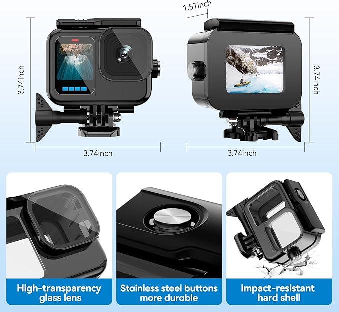 BO&DQQ Protective Waterproof Case Compatible for Go Pro Hero 13 12 11 10 9 Black, 60M/196FT Underwater Diving Housing Shell Accessories Kit