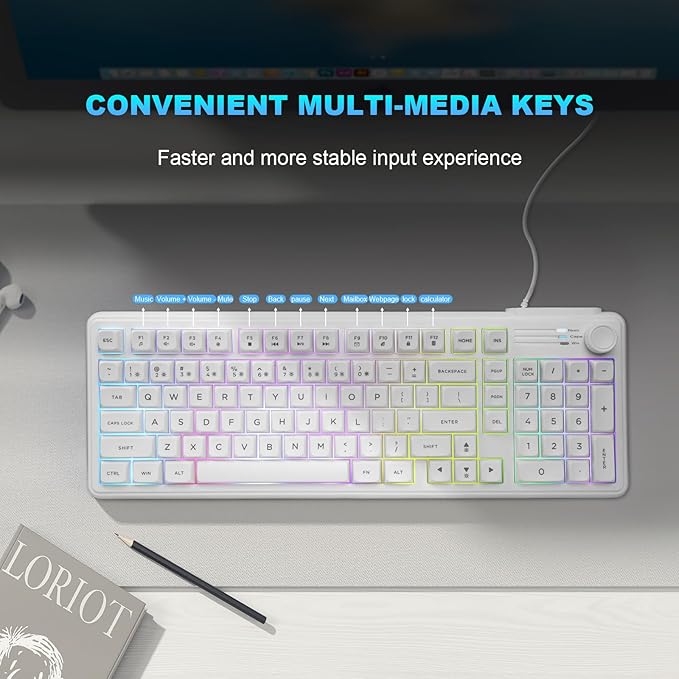 HUO JI 99 Keys RGB Wired Gaming Keyboard with Number Pad Knob,Mechanical Feeling Gaming Keyboard with Multimedia Keys,One-Touch Backlit, Anti-Ghosting, Compatible with PC, Mac, PS4/5, Xbox