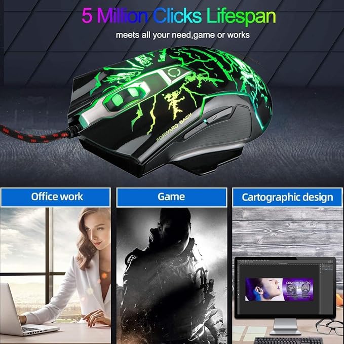 RGB Light up Wired Gaming Mouse M728 for Computer - Durable USB Led Laptop Mice w/7 Color Backlit, 4 Adjust DPI Up to 3200 for Gaming, Silent & Stable PC Corded Mouse for Mac MacBook Windows Linux PS4