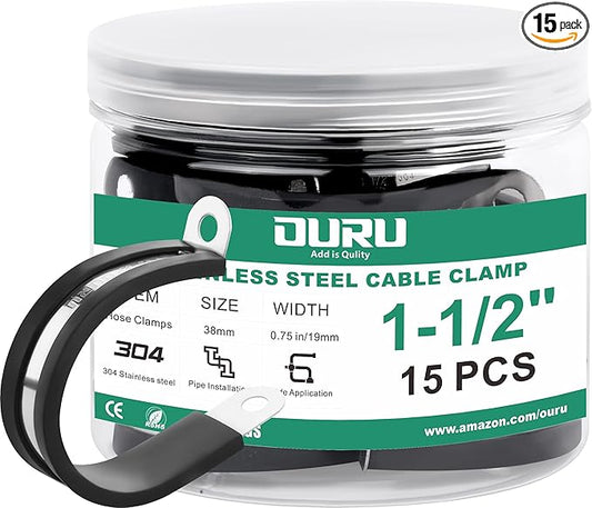 15pcs 1-1/2 Inch Stainless Steel Cable Clamps,Rubber Coated Cushioned Insulated Cable Clamp,Automotive Cable Wire Clamps,Pipe Clamps,Metal Clamp for Tube,Lines,Wire Cord Installation(Black,38mm)