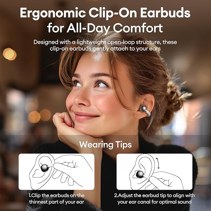 PAXA Clip On Earbuds, Clipbuds7 Open Ear Earbuds Wireless Bluetooth 5.4 with LED Display, Auto L-R Ear Recognition and Touch Control, Ultra-Light 4.5g Fit Comfort for Sports Fitness Daily Use, Silver