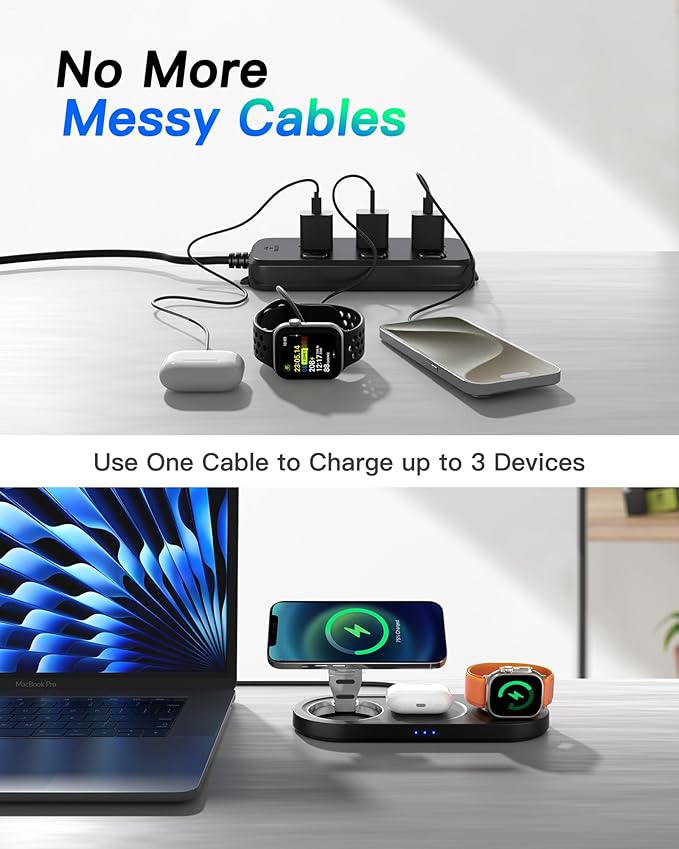 Upgraded 3 in 1 Wireless Charging Station for Apple Devices, Faster Mag-Safe Charger Stand, Magnetic Charger Station for iPhone 17/16/15/14/13/12 Series & AirPods Pro & Apple Watch Series (Black)