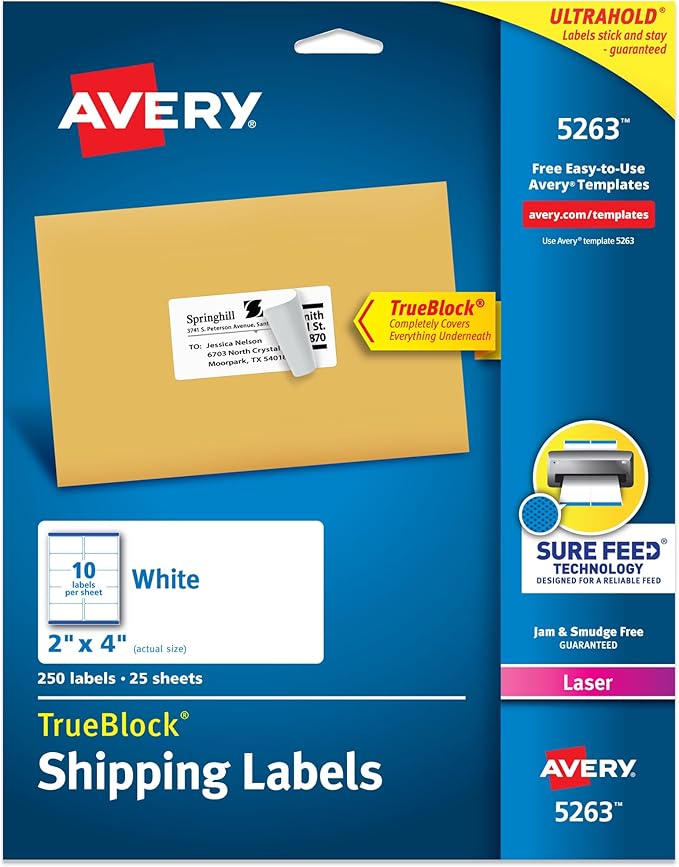 Avery Printable Shipping Labels with Sure Feed, 2" x 4" Customizable Stickers, White, 250 Blank Mailing Labels, Great for Mailing, Shipping, and More (5263)