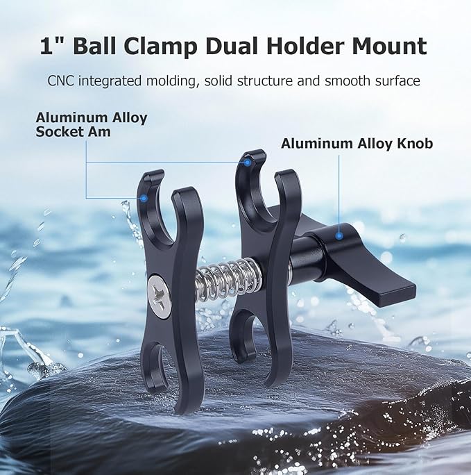 Butterfly Clip Mount with Dual Ball Heads - CNC Aluminum Alloy Spring-Loaded Open Clamp for Insta360/Gopr0 Cameras, LED Lights, Microphones (Ball Joint Compatibility, Underwater Photography) 63151A