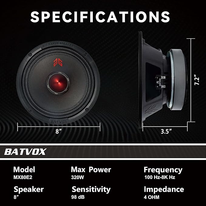 MX80E2 Midrange Loudspeaker 8" Red Bullet, 640W Max, 4 Ohms, Premium Quality Audio Door Speakers for Car or Truck Stereo Sound System, Black (2 Speaker)