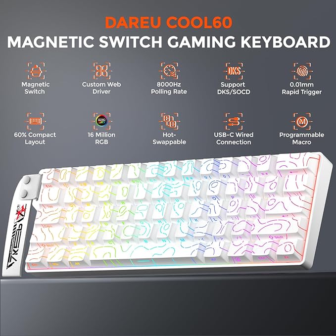 DAREU COOL60 60% Hall Effect Gaming Keyboard with Magnetic Switch, SOCD, 0.01mm Actuation Adjustable Rapid Trigger,8000 Hz Polling, Topographic PBT Keycaps, Hot-swap, RGB Backlit