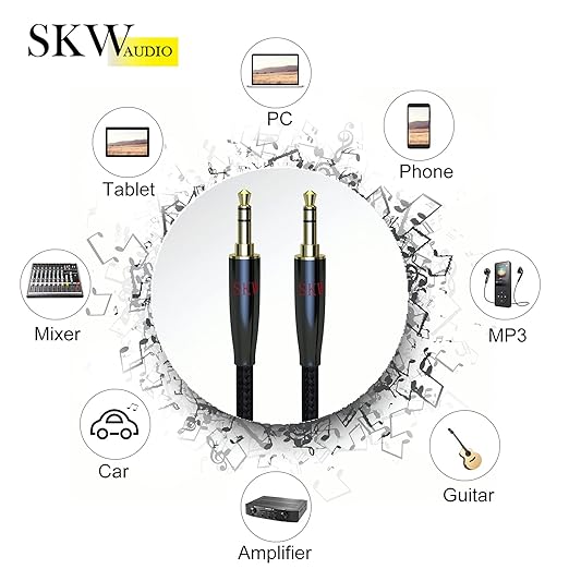 SKW Aux Cable for Car(Hi-Fi Sound),3.5 mm Stereo Audio Cable, 1/8″ Headphone Jack Cord for Home Stereo, iPhone, iPod, IPad, Echo Dot, Sony & More 6.5ft(2m)