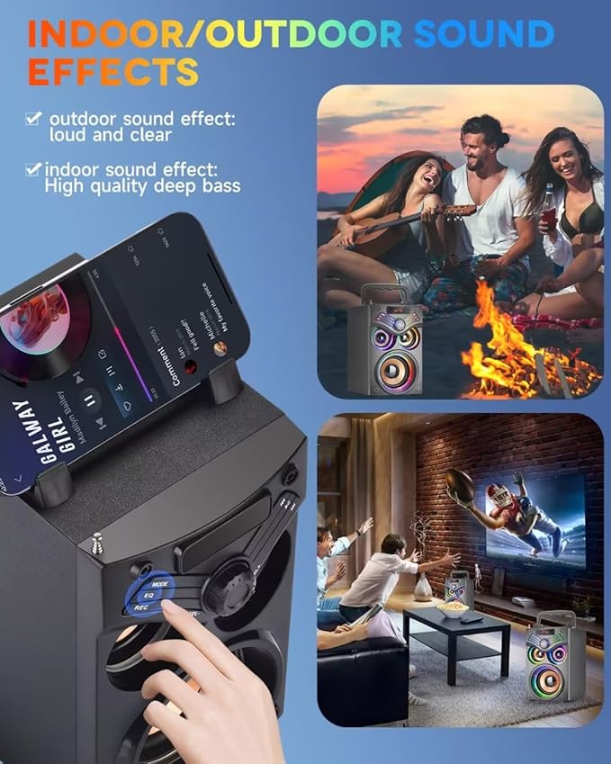 SUPINIU Bluetooth Speaker, 15W Wireless Portable Speaker with LED Owl Lights, Stereo Sound, FM Radio, EQ, TF, Party Speakers with Wireless Microphone for Home,Camping, Beach,Garage