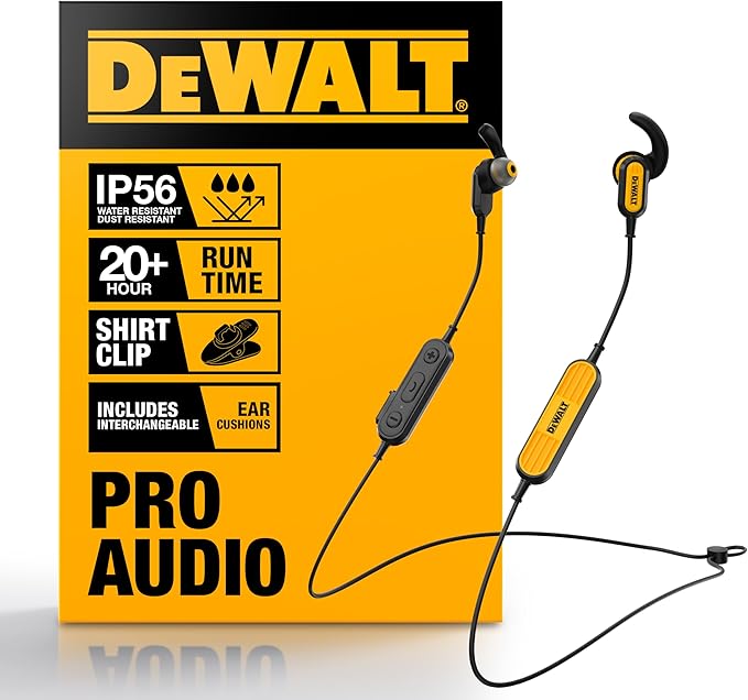 DEWALT Heavy Duty Neckband Bluetooth Earbuds, Wireless Bluetooth 5.2 Headphones w/Microphone, Lightweight Comfort, IP56 Waterproof, Deep Bass Strong Beat, 20H Playtime, Jobsite Behind-Neck Earphones