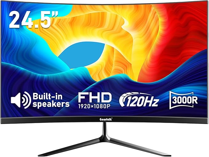 24.5 Inch Gaming Curved Monitor Built-in Speakers, 3000R 120Hz PC Screen Full HD 1080P, HDMI 2.0, VGA, Wall Mount Compatible 75 * 75mm
