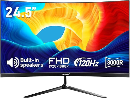 24.5 Inch Gaming Curved Monitor Built-in Speakers, 3000R 120Hz PC Screen Full HD 1080P, HDMI 2.0, VGA, Wall Mount Compatible 75 * 75mm