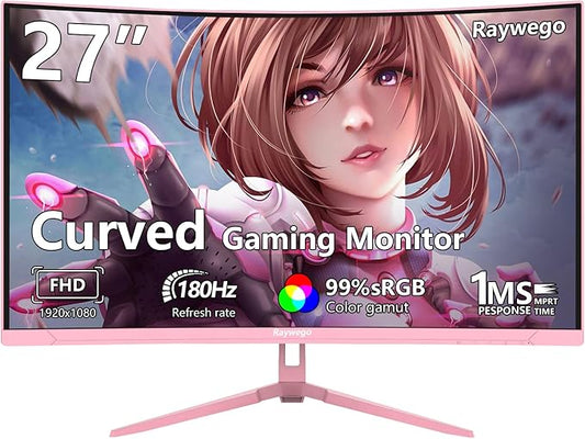 Pink Curved Gaming Monitor 180Hz 1ms,Frameless 1080P Gaming Monitor 27 inch,4000:1 Contrast Ratio,FreeSync Crosshair/Timer/FPS/RTS,Tilt Adjustable(DP Cable Included)