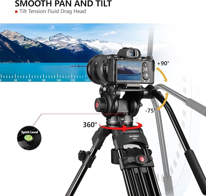 RAUBAY 69" Fluid Head Video Camera Tripod, Heavy Duty Camera Stands for Canon Nikon Sony DSLR, Camcorder, Digital Cine with Ground Spreader, Aluminium Twin Leg, QR Plate, Max Load 17.6lbs (DV-2)