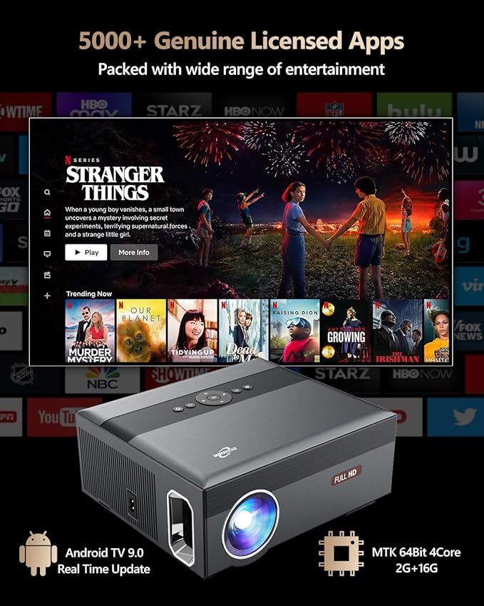 4K Smart Projector 5G WIFI,Native 1080P Ultra HD Home Theater Projector with Android TV Bluetooth WLAN,800ANSI High Brightness Outdoor Movie Projector for iPhone,Support Netflix,Prime Video,YouTube
