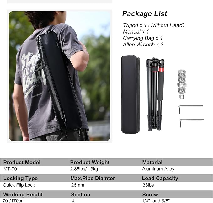 Camera Tripod, 70" Video Tripod Without Head, Aluminum Heavy Duty Tripod with Carry Bag, Professional Camera Tripods & Monopods, Compatible with Canon, Sony, DSLR, Camcorder 33lbs (TM70)