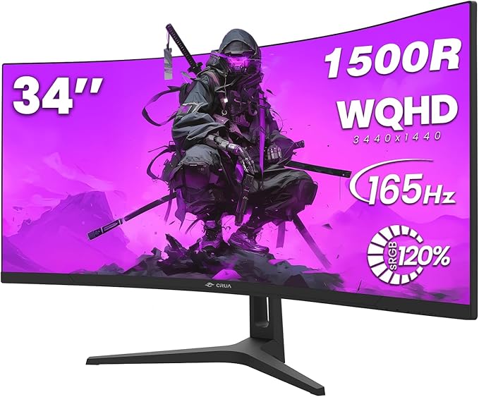 CRUA 34 Inch Curved Gaming Monitor, 21:9 WQHD 3440x1440 165Hz/144Hz 1500R Ultrawide Computer Monitor Support Freesync, PIP/PBP, 120% sRGB, HDMI 2.0 & DP 1.4, Wall Mountable/Tilt Adjustable-Black