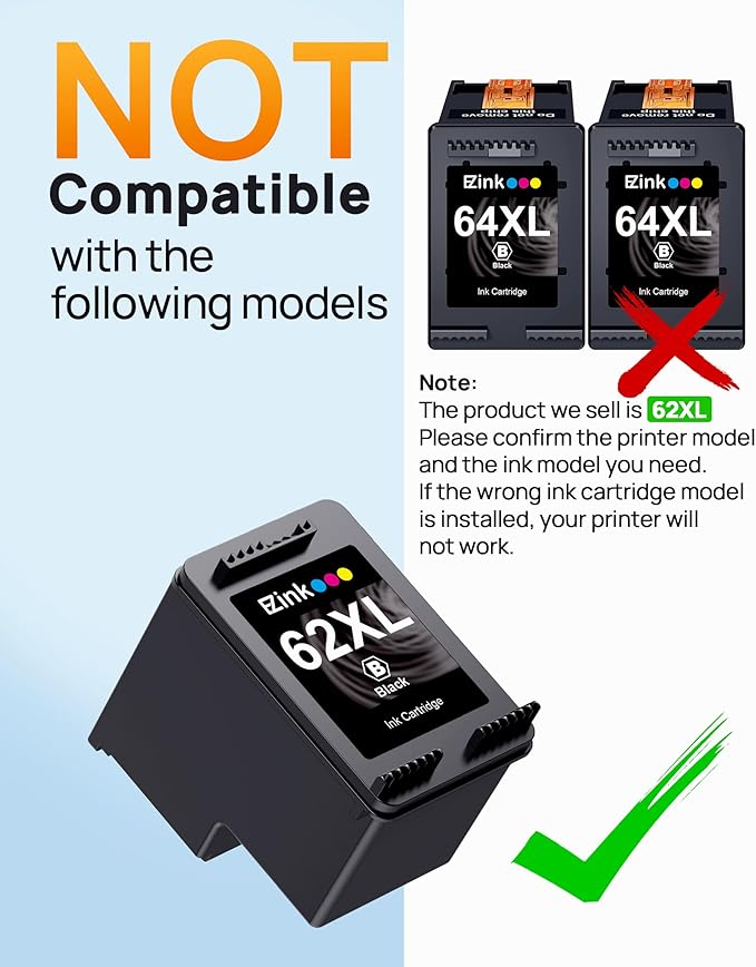 62XL Ink Remanufactured Ink Cartridges for HP 62 Black Ink Cartridge for HP Ink 62 62XL High Yield Use with HP Envy 5540 5640 5660 7644 OfficeJet 5740 5741 8040 200 250 Series Printer (2 Pack Black)