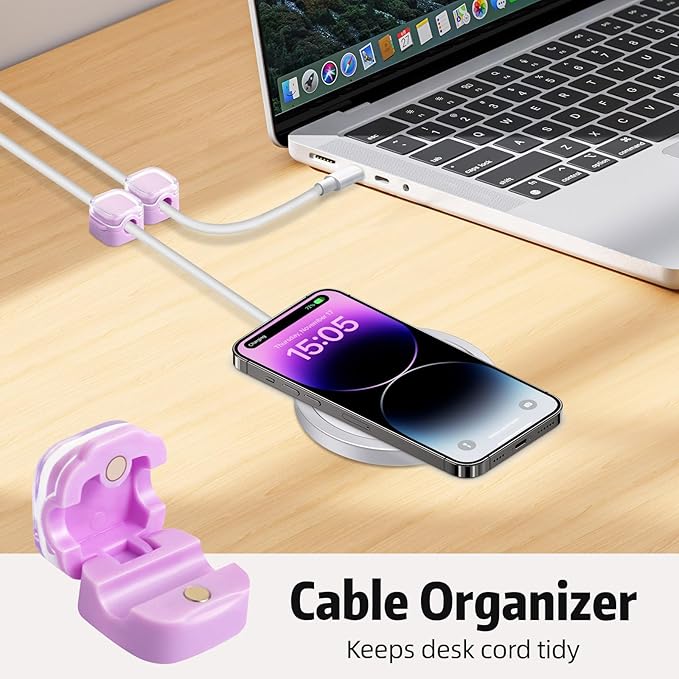 Magnetic Cable Clips Cord Organizer Holder, 6 Pack Adhesive Wire Holder Keeper Organizer USB Charging Cable Storage Holder for Home Office Phone Car Wall Desktop Nightstand Kitchen (Purple)
