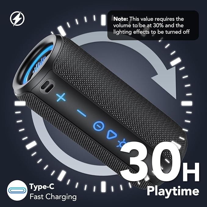 Portable Speaker Bluetooth 5.4, 30W Super Loud Bluetooth Speaker Wireless，Boost Bass 3.0, 30H Playtime, 8 RGB Modes, IPX7 Waterproof Speaker, TWS Pairing, for Outdoor/Home/Party, Gift Ideas