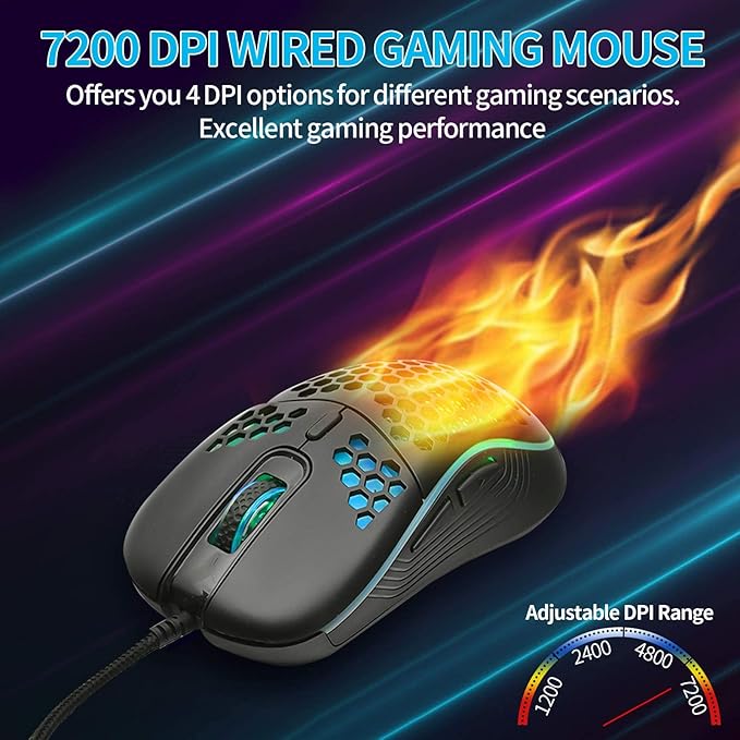 Honeycomb Wired Gaming Mouse with RGB On/Off Switch, 7200 Adjustable DPI, Ergonomic Lightweight Design & High Precision Sensor for PC/Mac Gamers (Black)