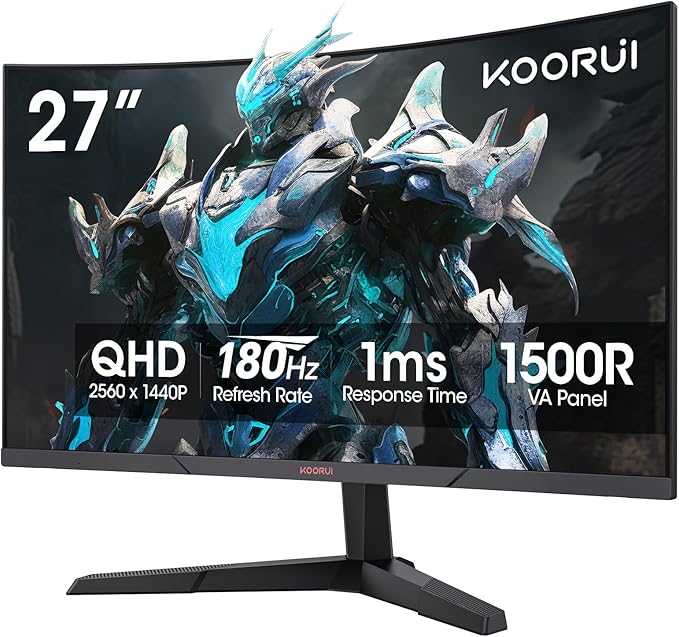 KOORUI 27 inch Curved Gaming Monitor, QHD (2560 x 1440) 180Hz R1500, Adaptive Sync with 1ms Computer Monitor, VESA Compatible, HDMI 2.0x2 & DisplayPort 1.4x1, Eye Care, 27E6QCA