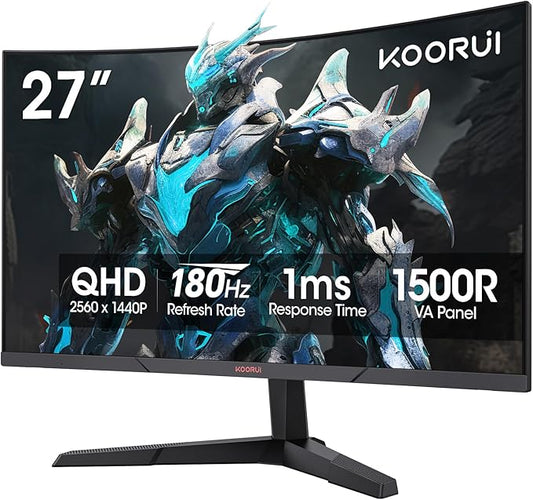 KOORUI 27 inch Curved Gaming Monitor, QHD (2560 x 1440) 180Hz R1500, Adaptive Sync with 1ms Computer Monitor, VESA Compatible, HDMI 2.0x2 & DisplayPort 1.4x1, Eye Care, 27E6QCA