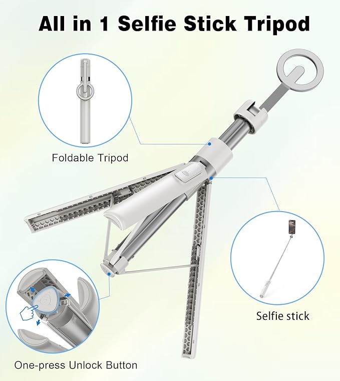 TONEOF 68" Magnetic Selfie Stick Tripod with Aluminum Strong Magnetic Holder for Magsafe, 360° Rotatable Travel Phone Tripod Stand with Metal Ring & Rechargeable Remote for iPhone/Android(Beige Gray)