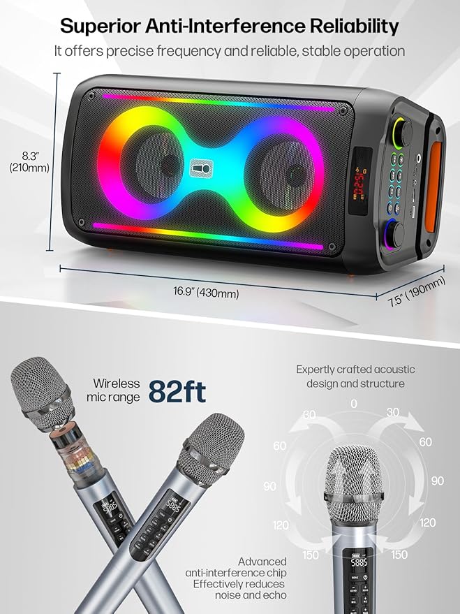 Karaoke Machine for Adults, Portable Bluetooth Speaker with 2 Wireless Microphones, PA System with Disco Lights for Big Party, Outdoor, Supports USB/TF/REC/AUX, Ideal Gifts for Family, Music Lover
