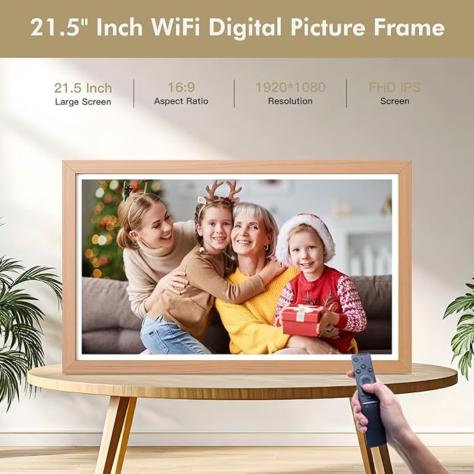21.5" Large Digital-Picture-Frame Smart Photo-Frame - 1920 x 1080 FHD IPS No Touch Screen Wood WiFi Photo Frames, Wall Mounted, 32GB, Remote Control, Send Photos Videos via APP Email, Gift for Mom Dad