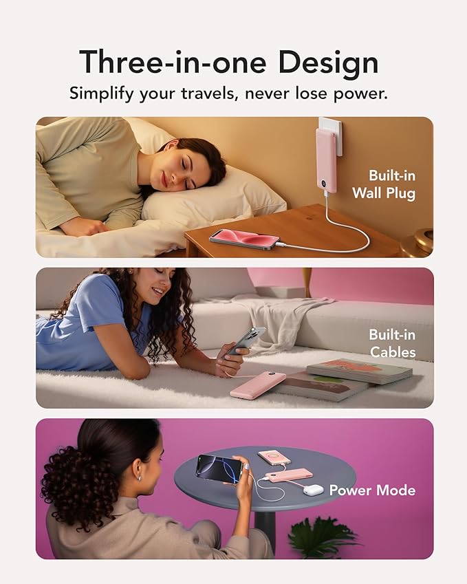VRURC Portable Charger Power Bank with Wall Plug, 10000mAh Portable Charger with Built in Cables, PD 20W Fast Charging Portable Charger with Cords External Charger Travel Accessories-Pink(1 Pack)