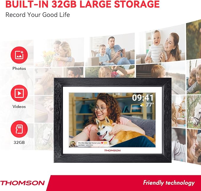THOMSON Digital Picture Frame, Digital Photo Frame WiFi with 32 GB, HD IPS Touch Screen, Auto-Rotate, Slideshow, Share Photos/Videos from Phone by App (10.1Inch Wood)