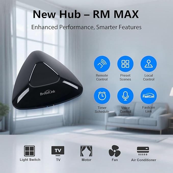Broadlink RM MAX Smart Home Hub, Wi-Fi & BLE Universal Remote for IR/RF Devices, Compatible with Alexa & Google Home, Easy Setup, RF Hub for TV, AC, Blinds