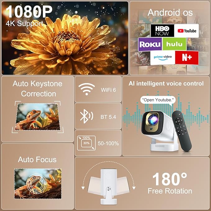 [ Auto Focus / Keystone ] Smart Projector with Wifi and Bluetooth 5.4, SALANGE 1080P Native Projectors 4K, Short Throw Projector w Built in Apps, Android 11, Mini Portable Proyector HY260pro