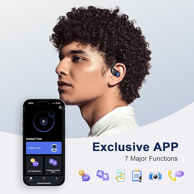 AI Translation Earbuds Real Time, 3-in-1 Translator Earbuds 164 Languages & Accents, Audifonos Traductores Inglés Español,Open Ear Wireless Headphones with Charging Case fit iOS & Android，Black