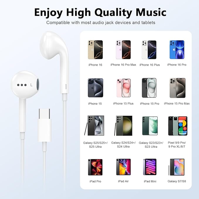 2 Pack USB C Headphones for iPhone 17 16 15, Type C Earphones with Microphone & Remote Control Noise Cancelling Wired Earbuds USB C for iPhone 17 16 15 Pro Max, iPad Pro, Galaxy S25 S24 Ultra, Pixel 9