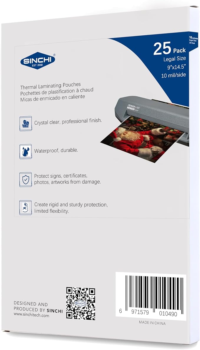 SINCHI Thermal Laminating Pouch, 10 mil per Side, 9x14.5-Inches Legal Size, 25pcs Pack, Ultra Clear & Sturdy Laminating Sheets